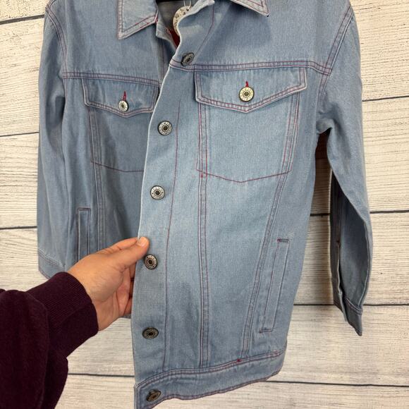 Oddy Women's Blue Jean Pink Heart Back Basic Denim Jacket Size Small - Picture 3 of 7